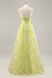 Yellow Green Floral Ruched Tulle Keyhole Maxi Prom Dress