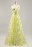 Yellow Green Floral Ruched Tulle Keyhole Maxi Prom Dress