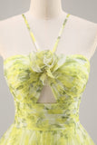 Yellow Green Floral Ruched Tulle Keyhole Maxi Prom Dress