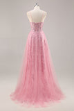 Sparkly Pink Corset Tulle A Line Maxi Prom Dress with Sequins