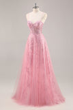 Sparkly Pink Corset Tulle A Line Maxi Prom Dress with Sequins