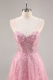 Sparkly Pink Corset Tulle A Line Maxi Prom Dress with Sequins