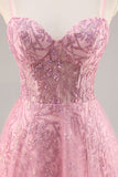 Sparkly Pink Corset Tulle A Line Maxi Prom Dress with Sequins