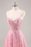 Sparkly Pink Corset Tulle A Line Maxi Prom Dress with Sequins