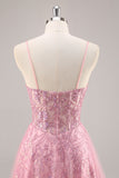 Sparkly Pink Corset Tulle A Line Maxi Prom Dress with Sequins
