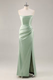 Sage Green Satin Strapless Mermaid Maxi Bridesmaid Dress with Slit
