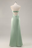 Sage Green Satin Strapless Mermaid Maxi Bridesmaid Dress with Slit