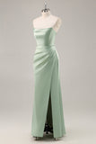 Sage Green Satin Strapless Mermaid Maxi Bridesmaid Dress with Slit