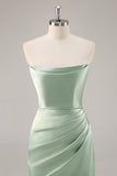 Sage Green Satin Strapless Mermaid Maxi Bridesmaid Dress with Slit