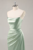 Sage Green Satin Strapless Mermaid Maxi Bridesmaid Dress with Slit