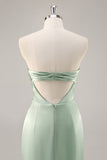 Sage Green Satin Strapless Mermaid Maxi Bridesmaid Dress with Slit