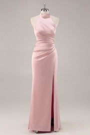 Satin Mermaid Blush Halter Ruched Maxi Bridesmaid Dress with Slit