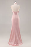 Satin Mermaid Blush Halter Ruched Maxi Bridesmaid Dress with Slit