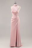 Satin Mermaid Blush Halter Ruched Maxi Bridesmaid Dress with Slit