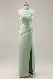 Satin Sage Green Halter Ruched Mermaid Maxi Bridesmaid Dress with Slit