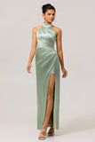 Sage Green Halter Satin Mermaid Maxi Bridesmaid Dress with Slit