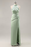 Satin Mermaid Blush Halter Ruched Maxi Bridesmaid Dress with Slit