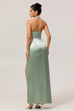 Satin Mermaid Blush Halter Ruched Maxi Bridesmaid Dress with Slit
