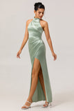 Sage Green Halter Satin Mermaid Maxi Bridesmaid Dress with Slit
