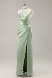 Satin Mermaid Blush Halter Ruched Maxi Bridesmaid Dress with Slit