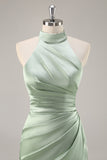 Satin Mermaid Blush Halter Ruched Maxi Bridesmaid Dress with Slit