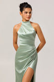 Sage Green Halter Satin Mermaid Maxi Bridesmaid Dress with Slit