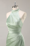 Satin Mermaid Blush Halter Ruched Maxi Bridesmaid Dress with Slit