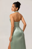 Sage Green Halter Satin Mermaid Maxi Bridesmaid Dress with Slit