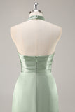 Satin Sage Green Halter Ruched Mermaid Maxi Bridesmaid Dress with Slit