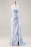 Leely Women Blue Floral Corset Maxi Mermaid Bridesmaid Dress with Slit Ruched Spaghetti Straps Chiffon Wedding Guest Dress with Side Cape