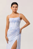 Blue Corset Long Ruched Floral Bridesmaid Dress with Slit