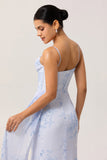 Blue Corset Long Ruched Floral Bridesmaid Dress with Slit
