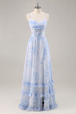 Blue Corset Floral Ruffled Maxi A Line Bridesmaid Dress with Slit