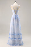 Blue Corset Floral Ruffled Maxi A Line Bridesmaid Dress with Slit