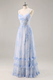 Blue Corset Floral Ruffled Maxi A Line Bridesmaid Dress with Slit
