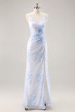 Blue Mermaid Floral V-Neck Maxi Bridesmaid Dress with Slit
