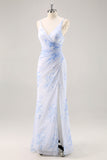 Blue Mermaid Floral V-Neck Maxi Bridesmaid Dress with Slit
