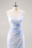 Blue Mermaid Floral V-Neck Maxi Bridesmaid Dress with Slit