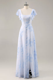 Maxi Blue Chiffon Floral Scoop Neck Ruffled Bridesmaid Dress with Slit