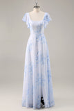 Blue Floral Chiffon Ruffled Square Neck Maxi Bridesmaid Dress with Slit