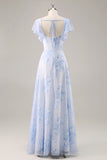 Maxi Blue Chiffon Floral Scoop Neck Ruffled Bridesmaid Dress with Slit