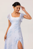 Blue Floral Chiffon Ruffled Square Neck Maxi Bridesmaid Dress with Slit