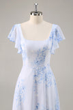 Maxi Blue Chiffon Floral Scoop Neck Ruffled Bridesmaid Dress with Slit