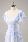 Maxi Blue Chiffon Floral Scoop Neck Ruffled Bridesmaid Dress with Slit