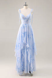 Chiffon Blue Floral Spaghetti Straps Maxi Bridesmaid Dress with Ruffles