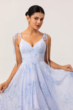 Blue Chiffon Floral Ruffled Spaghetti Straps Maxi Bridesmaid Dress