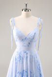 Chiffon Blue Floral Spaghetti Straps Maxi Bridesmaid Dress with Ruffles
