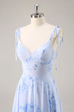 Chiffon Blue Floral Spaghetti Straps Maxi Bridesmaid Dress with Ruffles
