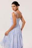 Blue Chiffon Floral Ruffled Spaghetti Straps Maxi Bridesmaid Dress