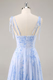 Chiffon Blue Floral Spaghetti Straps Maxi Bridesmaid Dress with Ruffles
